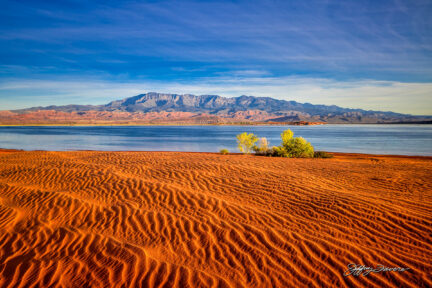 Sand, Water, Mountains, Sky